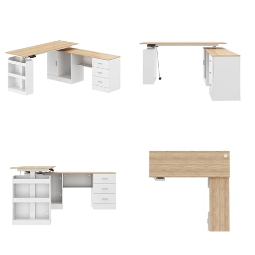 Timechee 63" Large Electric Standing Office Desk with Drawers, Modern Executive Deep L Shaped Computer Raising Stand up Desk with Shelves Storage for Home Office, Adjustable Height, White & Natural Timechee