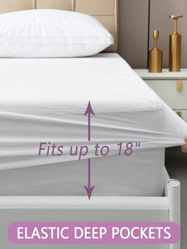 Akicia Twin XL Mattress Protector for College Dorm Rooms, Waterproof Hospital Bed Sheet Cover Fitted Single Extra Long Size, with 18 Inch Deep Pocket, Soft, Breathable, Noiseless, White Akicia