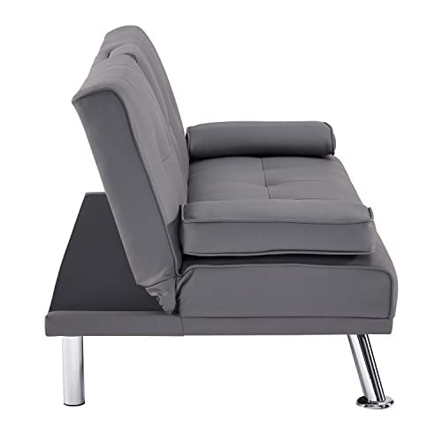 Naomi Home Transform Your Living Space with Comfort Gray Futon Sofa Bed with Armrest Cupholders Reclining Function Ideal for Cozy Living Rooms Sofa Bed Couch Metal Legs Faux Leather Naomi Home