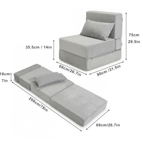 TokSay Folding Sofa Bed, Convertible Sleeper Chair with Pillow, Foldable Mattress & Back Support, Portable Floor Lounger Futon for Apartment, Dorm, Living Room, Bedroom, Grey TokSay
