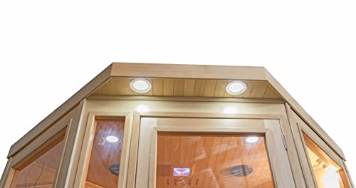 Heat Wave 3 Person Sauna Corner Fitting Infrared FIR FAR 7 Carbon Heaters Hemlock Wood MP3 Player 2 Speakers Color Therapy Light LED Control Panel Heat Wave