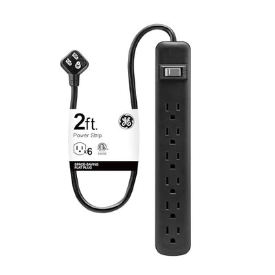 GE 6-Outlet Power Strip, 2 Ft Extension Cord, Heavy Duty Plug, Grounded, Integrated Circuit Breaker, 3-Prong, Wall Mount, UL Listed, Black, 14831