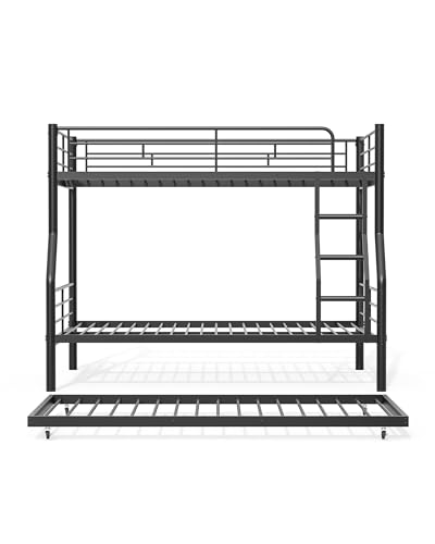 Mixcous Full XL Over Queen Bunk Bed with Trundle, Heavy-Duty Metal Bunk Bed w/Full-Length Guardrail & EVA Padded Ladder, Convertible to 3 Separate Beds for Adults, Teens, Noise-Free, Black Mixcous