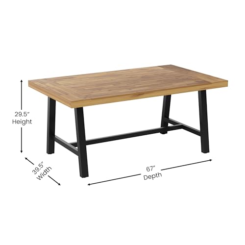 EMMA + OLIVER Whitford Natural Finish Solid Acacia Wood Dining Table with Black Metal Legs for Indoor and Outdoor Use EMMA + OLIVER