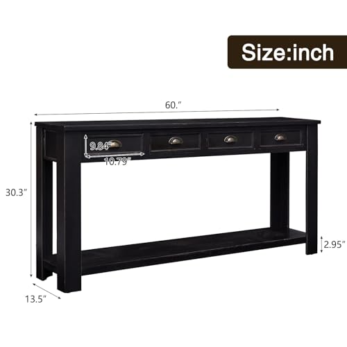 kinbor Long Sofa Table - Black 60 Inch Console Tables for Living Room, Hallway Table with 4 Drawers, Modern Wood Entryway Table with Storge Shelf kinbor