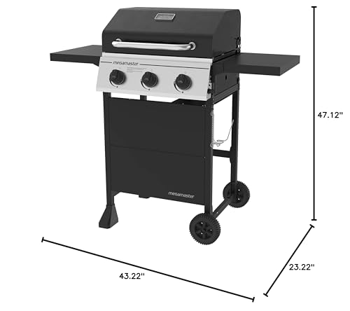Megamaster 3-Burner Propane Gas Grill with Folding Side Tables, 30,000BTUs, 429.81 sq. in. Cooking Space, Stainless Steel Control Panel, Outdoor Kitchen Grill for BBQs, Patios, and More - 720-0988EA Megamaster