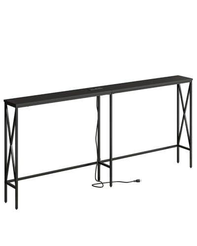 Masupu 70.9" Console Table with Power Outlet, Modern Narrow Long Sofa Table Behind Couch, Skinny Entry Table, Industrial Sofa Table with Metal Frame for Hallway, Living Room, Classic Black Masupu