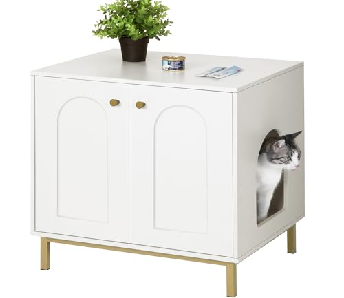 Hzuaneri Cat Litter Box Enclosure, Hidden Litter Box Furniture, Wooden Pet House Side End Table, Storage Cabinet Bench, Fit Most Cat and Litter Box, Living Room, Bedroom, White and Gold CB81203G Hzuaneri