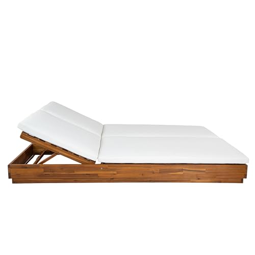 Christopher Knight Home Toridan Double Chaise Lounge Outdoor with Cushion, Acacia Wood Patio Chaise Lounge Set of 2, Adjustable Backrest Poolside Sun Lounger, Wood Sunbathing Chair, Teak+White