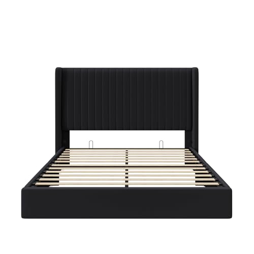 Allewie Queen Size Lift Up Storage Bed Frame, Hydraulic Support System, Upholstered Platform Bed Frame, Underneath Storage, Vertical Channel Tufted Headboard with Wingback, No Box Spring Needed, Black Allewie