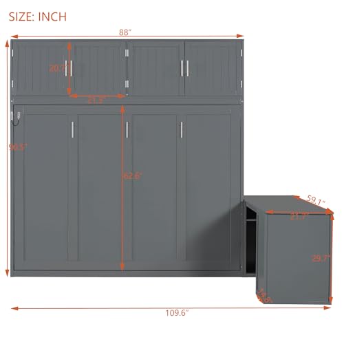 MaiDeHaoo Horizontal Queen Size Murphy Bed with Desk and Storage Drawers, Space Saving Wood Folding Wall Bed with Storage Shelves and Cabinets, Gray MaiDeHaoo