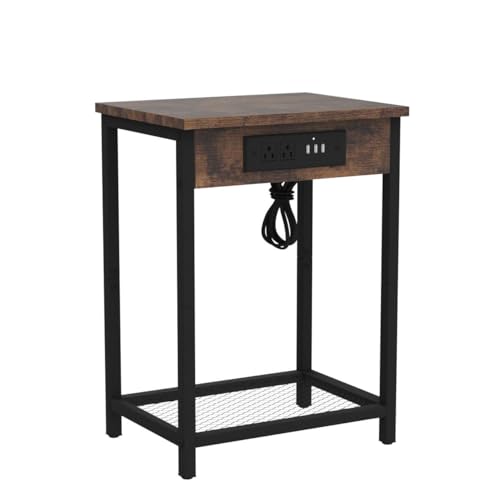 CADUKE Nightstand with Charging Station, Small Bedside Table with USB Ports and Power Outlets, Industrial Brown Side Table for Bedroom, Living Room, Farmhouse CADUKE