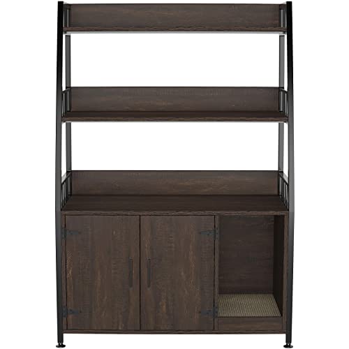 GDLF Large Hidden Cat Litter Box Enclosure Furniture with Shelf Wood Sturdy Cat Washroom Storage with Scratch, Dark Brown GDLF