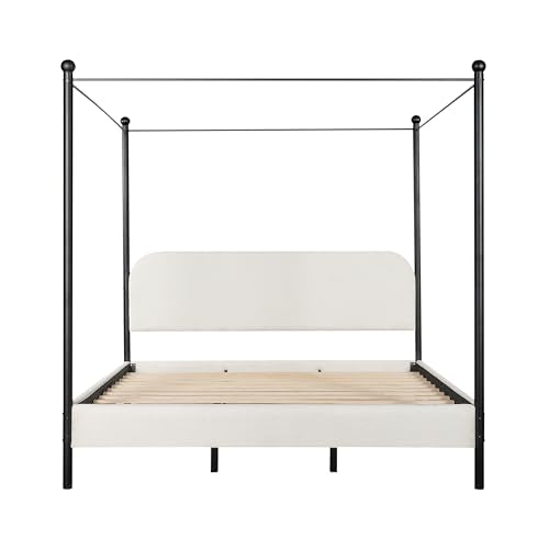 Christopher Knight Home King Size Upholstered Canopy Bed Frame with Boucle Fabric, Curved Headboard and Iron Legs, Modern Platform Bed Frame with Slats No Box Spring Needed, White