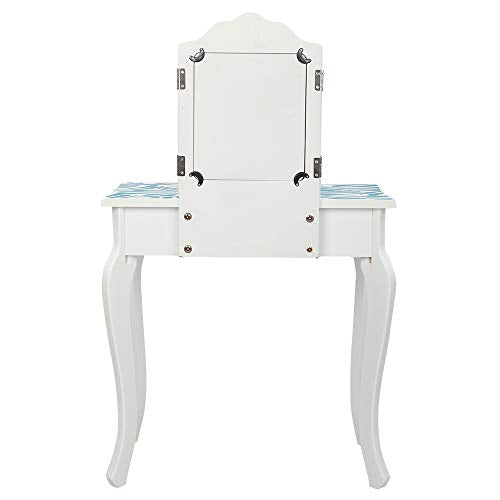 Ynredee Kids Vanity Set,Vanity Table and Chair with Three-Fold Mirror,Single-Drawing Curved Foot Children Dressing Table with Drawer (Blue and White) Ynredee