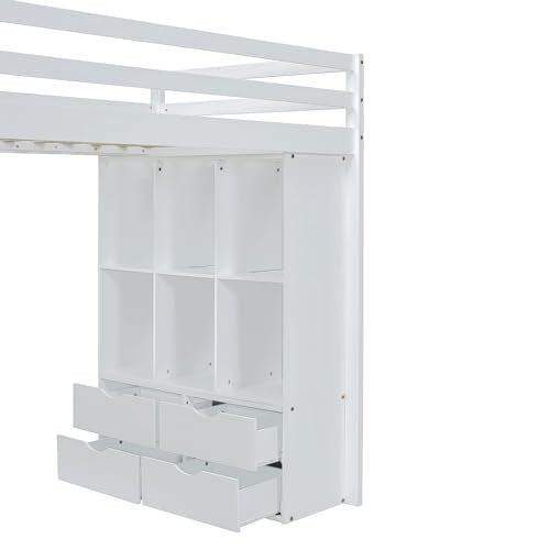 Merax White Full Size Loft Bed with Shelves, Desk, and LED Light Merax