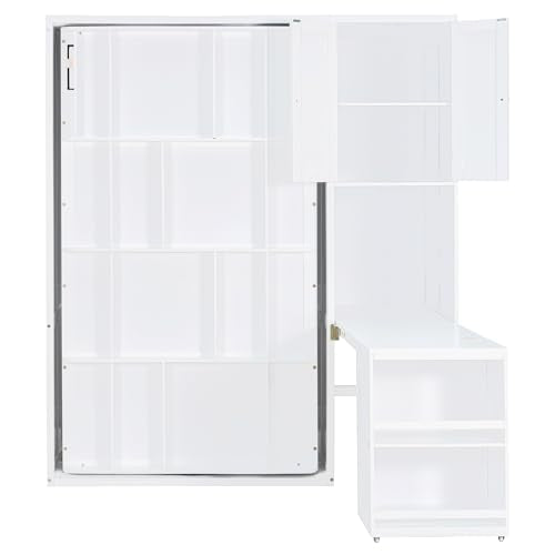 SOFTSEA Twin Size Murphy Bed with Desk, Bookshelf & Storage Cabinets, Space-Saving Foldable Wall Bed with Extendable Desk, White SOFTSEA
