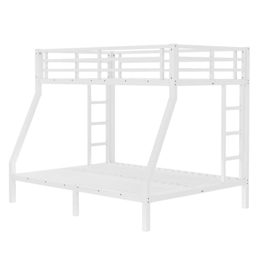 Twin over Full Metal Bunk Beds for Kids Teens Adults, Heavy-duty Metal Bunk Bed Frame with Guardrail, 2 Ladders & Under-bed Storage for Bedroom Guest Room Dorms, Space-saving/Noise-reduce, White Bellemave