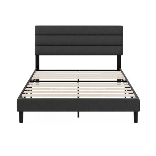 Zinus Queen Piper Upholstered Platform Bed with Horizontal Paneled Headboard, Wooden Slat Support, No Box Spring Needed, Easy Assembly, Eco Friendly Packaging, Dark Grey Zinus