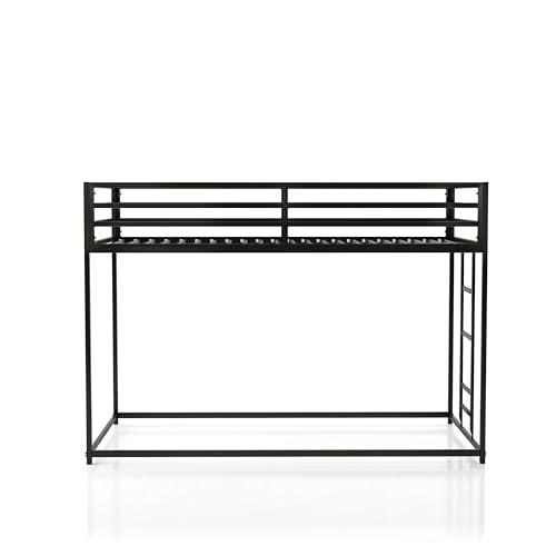 Furniture of America Dravenor Modern Metal Twin Over Twin Low Profile Bunk Bed with Reversible Ladder and Twnty-Two Slats, No Box Spring Required, for Kids, Bedroom, Dorm, Black Furniture of America