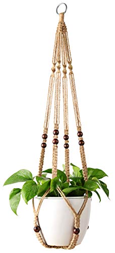 Mkono Macrame Plant Hanger Indoor Jute Hanging Planter Basket with Wood Beads Decorative Flower Pot Holder No Tassels for Indoor Outdoor Boho Home Decor 35 Inch, Brown, Set of 1 (POTS NOT Included) Mkono