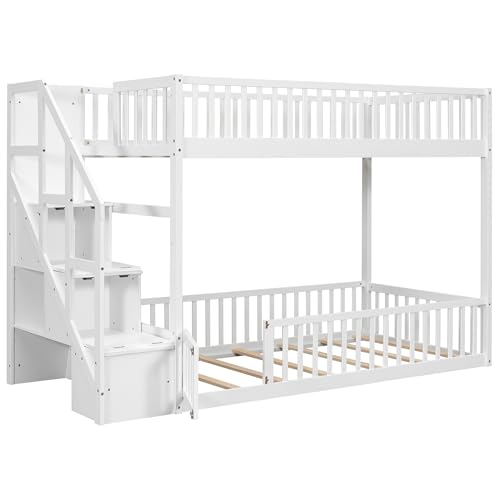 SOFTSEA Twin Over Twin Floor Bunk Bed with Storage Stairs, Solid Wood Low Bunk Bed Frame with Door & Guardrails, Space-Saving Stairway Bunk Beds for Kids Teens & Adults, White SOFTSEA