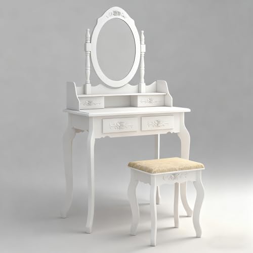 European - Style 4 - Drawer Single - Mirror Dressing Table Set in White - 360 - Degree Rotating & Removable Mirror Generic
