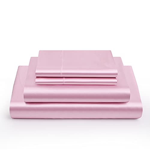 Vonty Satin Sheets Twin Silky Soft Satin Bed Sheets Pink Sheet Set, 1 Deep Pocket Fitted Sheet + 1 Flat Sheet + 1 Pillowcases Vonty
