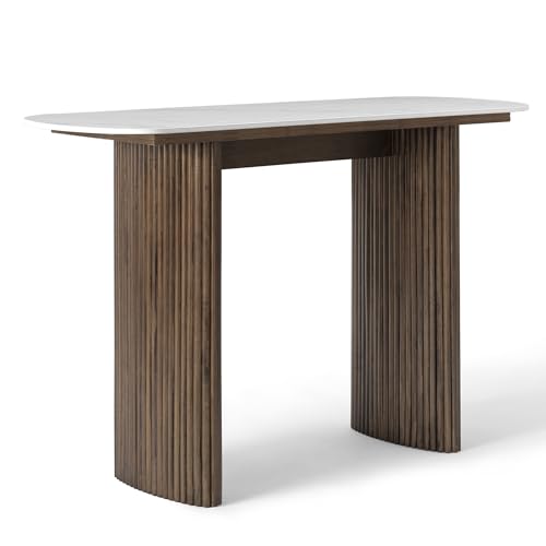 THKSHOUZ 47.24" Walnut Console Table with Sintered Stone Top, Fluted Solid Wood Base Sofa Table, Mid Century Modern Entryway Table for Hallway, Behind The Couch, Living Room, Foyer, Easy Assembly THKSHOUZ