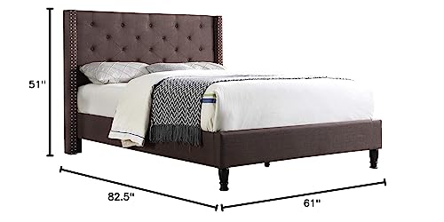 Full Upholstered Platform Bed Frame with 51" Tall Headboard - Button Tufted Cloth Bed - Wood Slat Support with Storage Space - No Box Spring Needed - Easy Assembly - Brown - Oliver & Smith - Astor OLIVER & SMITH SINCE 1921