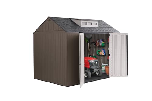 Rubbermaid Extra Large Resin Outdoor Storage Shed With Floor (7 x 10.5 Ft.) Weather Resistant Brown Organization for Home/Lawn Mower/Backyard Equipment/Bike Storage/Pool Supplies Rubbermaid