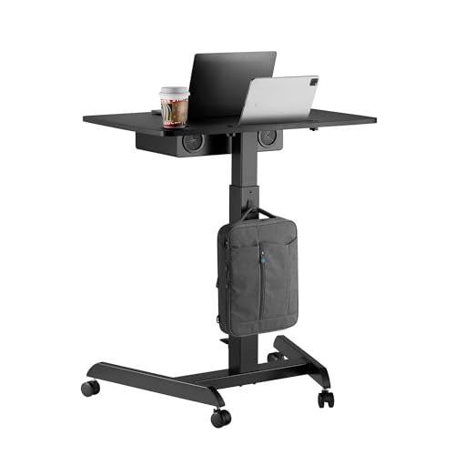AVLT 44" Height Adjustable Foot Pedal Rolling Desk with Shelf (3 ft 8 inches) - Pneumatic Laptop Standing Desk Cart - Mobile Laptop Cart - Black Computer Projector Cart with Brake Casters AVLT