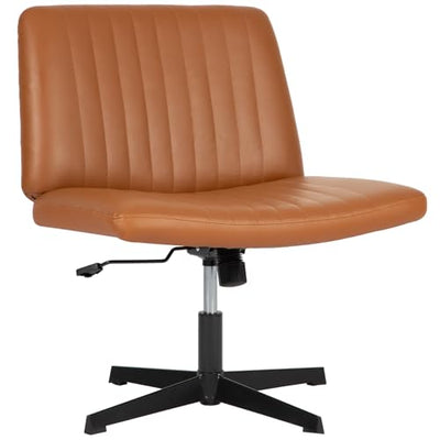PayLessHere | Criss Cross Chair | Brown | Wide, Armless Desk Chair Without Wheels | 360 Swivel, Height Adjustable & Stable Metal Base | for Office, Home Office, Vanity Seating