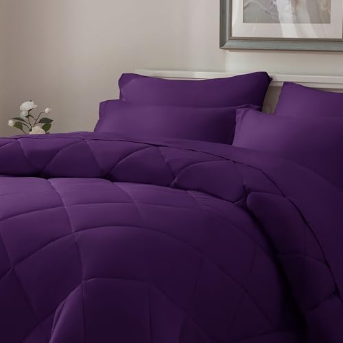 ELNIDO QUEEN® Purple Comforter Set Queen - 7 Pieces Bed in a Bag Queen Size, Bed Set for All Seasons, Ultra Soft Bedding Sets with Comforter, Flat Sheet, Fitted Sheet, Pillowcases and Pillow Shams ELNIDO QUEEN