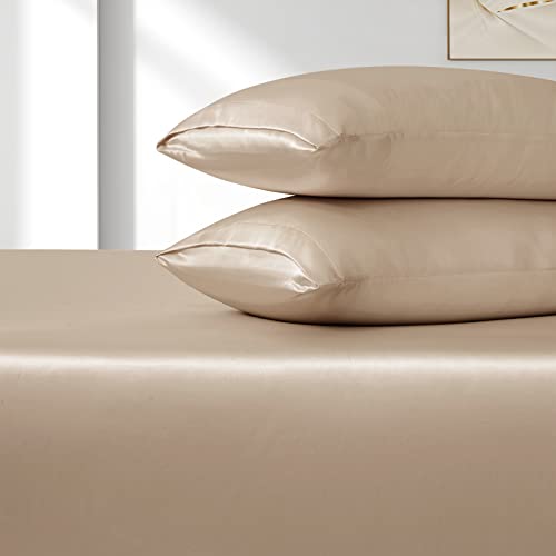 VACVELT 3pcs Extra Deep Pocket Satin Fitted Sheet Set King Bed Set, Beige Bottom Sheet Fit 18-24 Inch Deep Pocket Mattress, Silky Bedding Set Soft & Ultra Deep Fitted Sheet & 2 Pillowcase VACVELT
