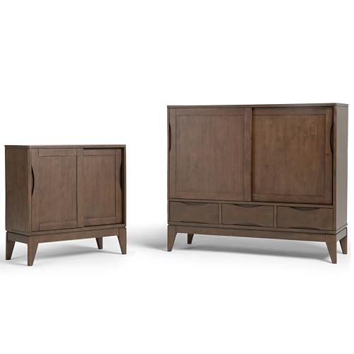 SIMPLIHOME Harper SOLID WOOD 30 inch Wide Mid Century Modern Low Storage Cabinet in Walnut Brown, with Large Space Behind 2 Sliding Notched Handle SIMPLIHOME