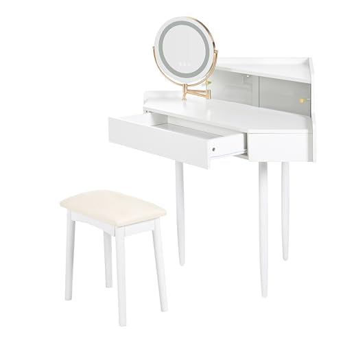 Merax Corner Small Vanity Desk with Mirror and Lights, 44.09" L Makeup Vanity Set with Stool, Dressing Table with Sliding Glass Door, Drawer and Display Shelf, White Merax