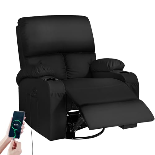 LAFWELL Rocking Recliner Chair, Massage Rocker with Vibration Massage and Heat, USB and Type-C Ports, 360 Swivel Faux Leather Chair for Living Room, Bedroom, Nursery, RV, Black