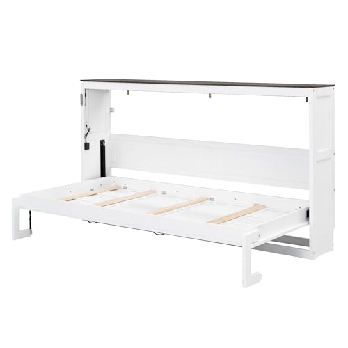 Merax Twin Size Murphy Bed with LED Light, Foldable Bed Frame with Storage Shelf, Murphy Cabinet with Foldable Panel, Wood Hidden Wall Bed Cabinet, for Bedroom, Small Room, Office,White Merax