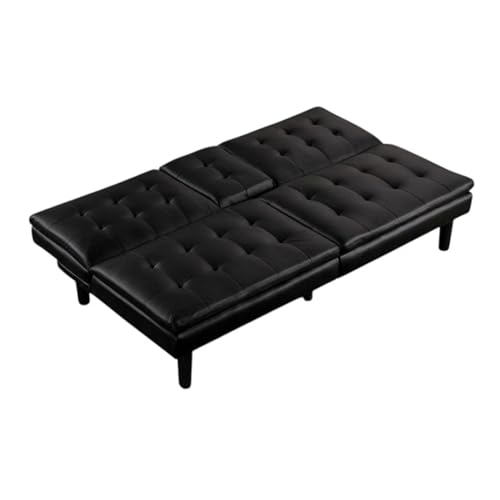 Benzara Berie Futon Sofa Bed, Drop-Down Tray, Cupholder, Black Faux Leather Benzara