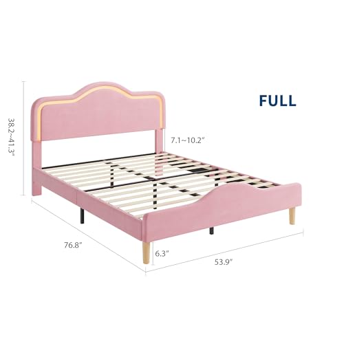 GarveeHome Full Size LED Bed Frame with Adjustable Headboard & Footboard, Velvet Upholstered Princess Platform Bedframe for Kids/Girls, Wooden Slats Support, No Box Spring Needed, Easy Assembly GarveeHome