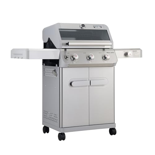 Monument Grills Outdoor Barbecue Stainless Steel 3 Burner Propane Gas Grill, 48,000 BTU Patio Garden Grill with Side Burner and Knob Controls, Mesa305 with BBQ Cover Monument Grills