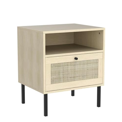 Boho Rattan Nightstands Set of 2 with Metal Legs and Open Shelf, Natural Wood Finish Angel Sar