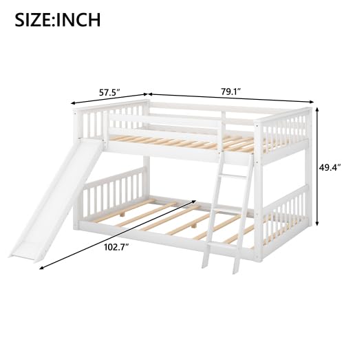 Harper & Bright Designs Floor Low Bunk Bed Full Over Full with Slide and Ladder, Solid Wood Bunk Beds Frame for Saving Space, White Harper & Bright Designs