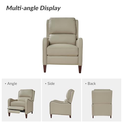 HULALA HOME Genuine Leather Recliner Chair, Modern Push Back Recliner Armchair with Thick Seat, Backrest & Footrest, Nailhead Decor for Living Room, Bedroom, Beige