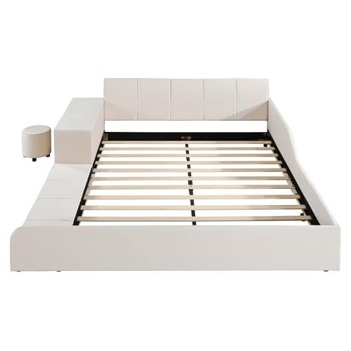 Merax Queens Size Velvet Bed Frames Upholstered Grounded Bed, Wooden Mother & Child Bed with Bedside Desk and Little Round Stool,Kids Adults Bedroom Floor Platform Bed,Beige Merax