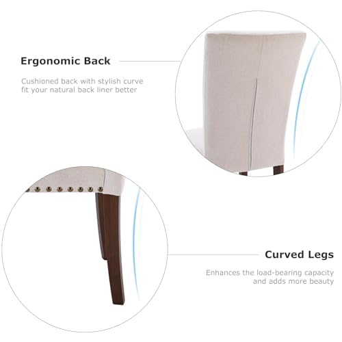 COLAMY Upholstered Parsons Dining Chairs Set of 2, Fabric Dining Room Kitchen Side Chair with Nailhead Trim and Wood Legs - Beige COLAMY