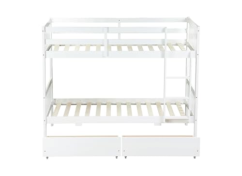 PVWIIK Twin Over Twin Wood Bunk Bed with 2 Drawers for Girls,Boys,Convertible into 2 Beds,Wood Bunk Bed with Ladder and Safety Guardrails,No Box Spring Needed, White PVWIIK