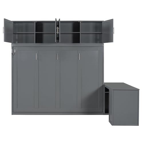 MaiDeHaoo Horizontal Queen Size Murphy Bed with Desk and Storage Drawers, Space Saving Wood Folding Wall Bed with Storage Shelves and Cabinets, Gray MaiDeHaoo