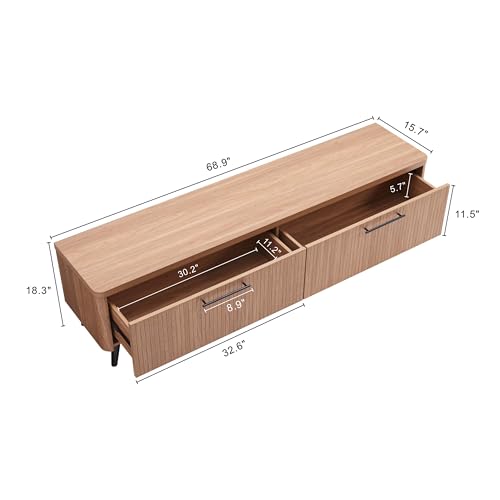 Manhattan Comfort Jodie 69" TV Stand with Wood Ribbed Drawers, Mid Century Modern Console Table for Televisions up to 60", Entertainment Center Storage Solution for Living Room, Maple Manhattan Comfort